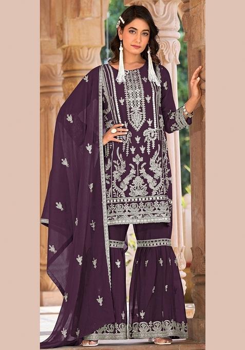 Wine Embroidery Organza Pakistani Suit Set