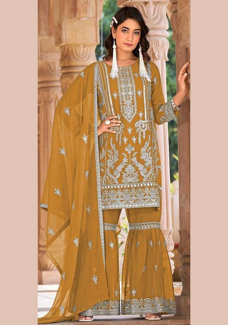 Yellow Embroidery Organza Pakistani Suit Set - Indya