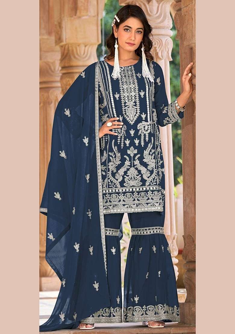 Blue Embroidery Organza Pakistani Suit Set - Indya