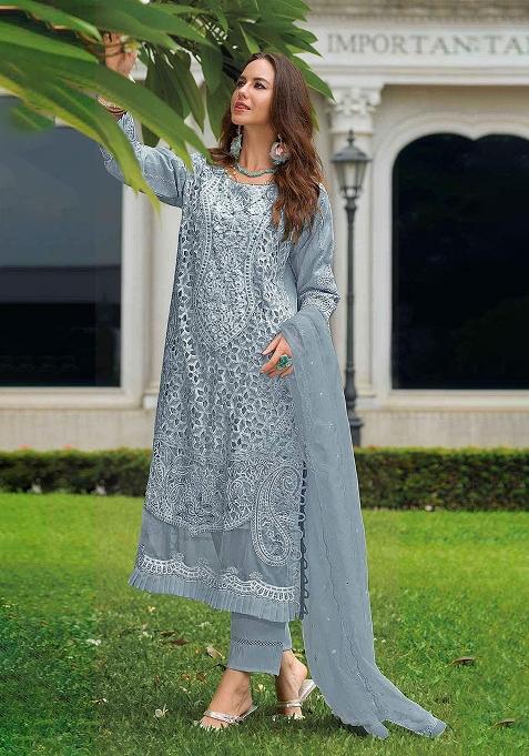 Grey Embroidery Organza Pakistani Suit Set