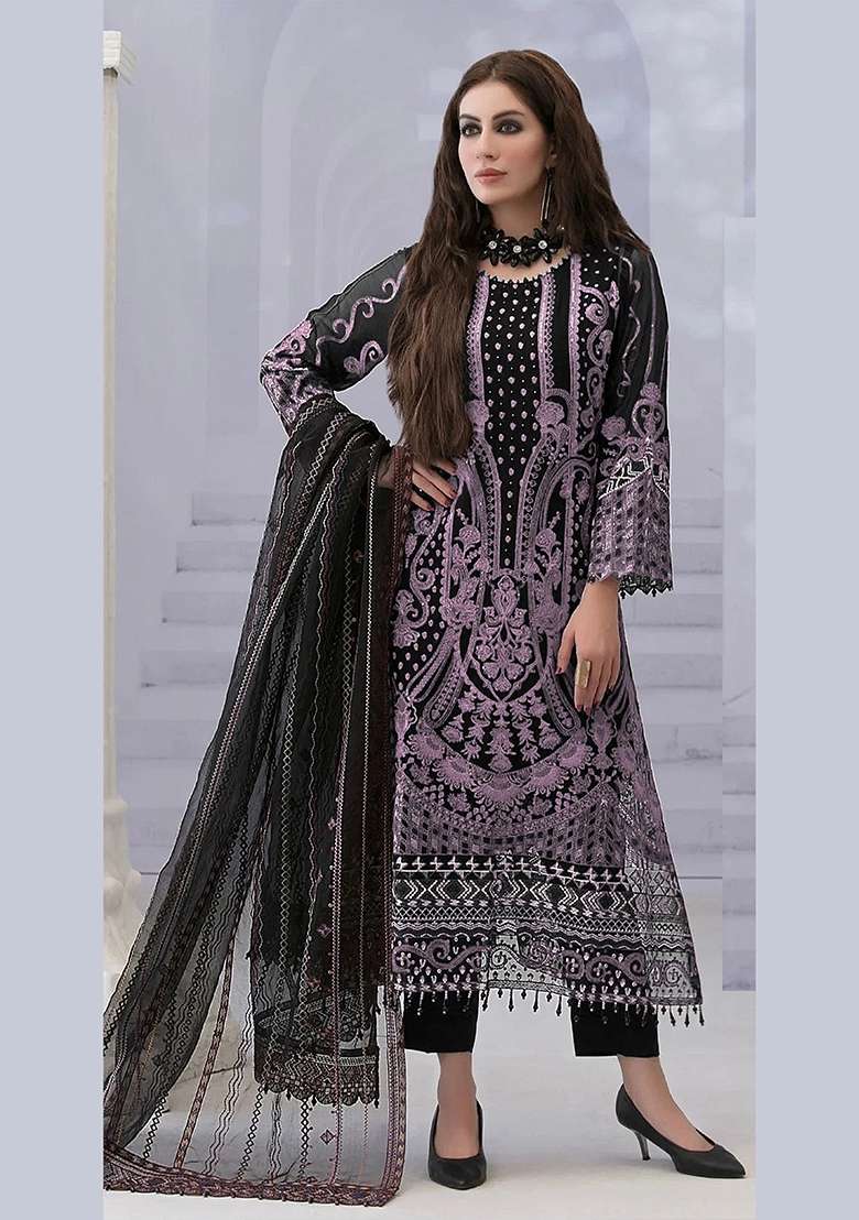 Black Embroidery Velvet Pakistani Suit Set - Indya