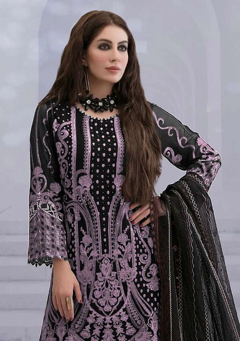 Black Embroidery Velvet Pakistani Suit Set - Indya