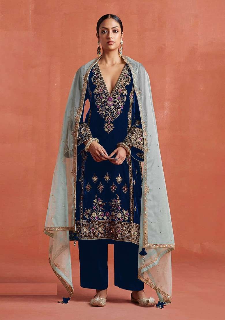 Blue Embroidery Velvet Pakistani Suit Set - Indya
