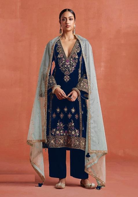 Blue Embroidery Velvet Pakistani Suit Set