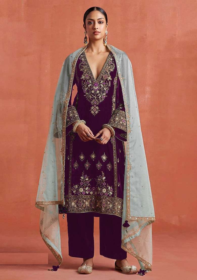 Purple Embroidery Velvet Pakistani Suit Set - Indya