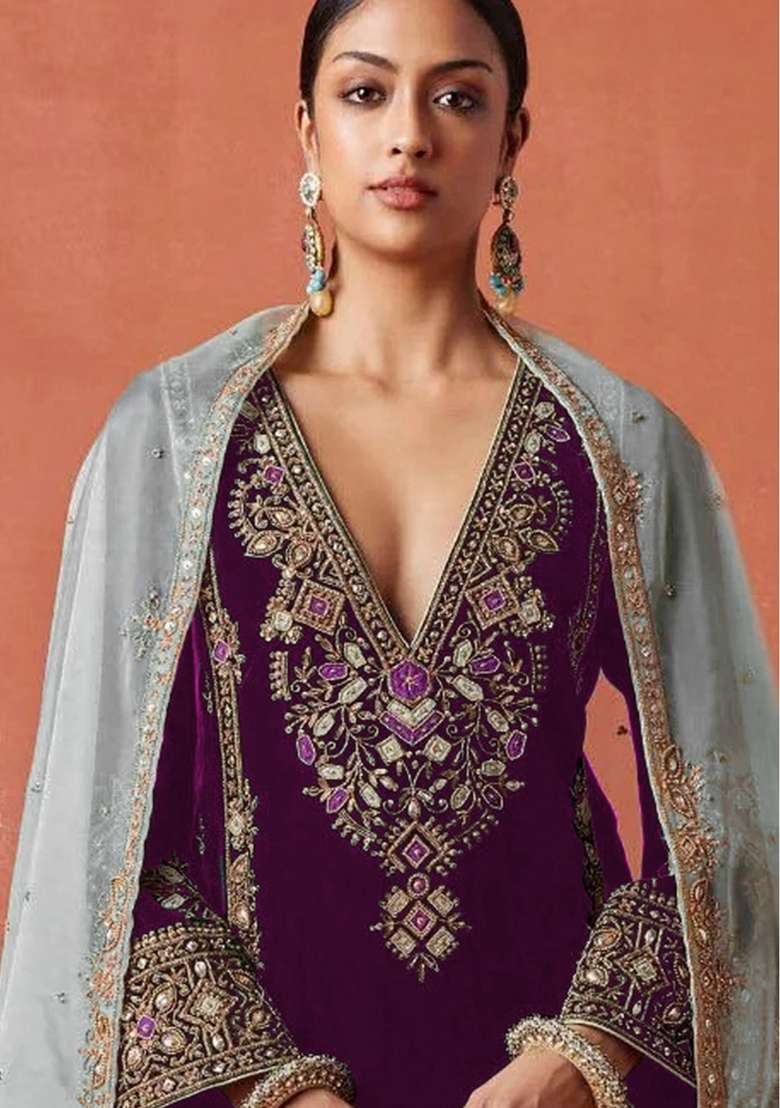 Purple Embroidery Velvet Pakistani Suit Set - Indya