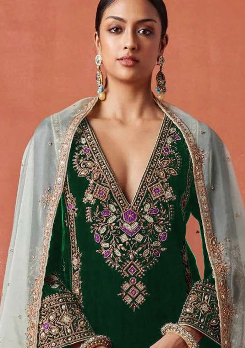Green Embroidery Velvet Pakistani Suit Set - Indya