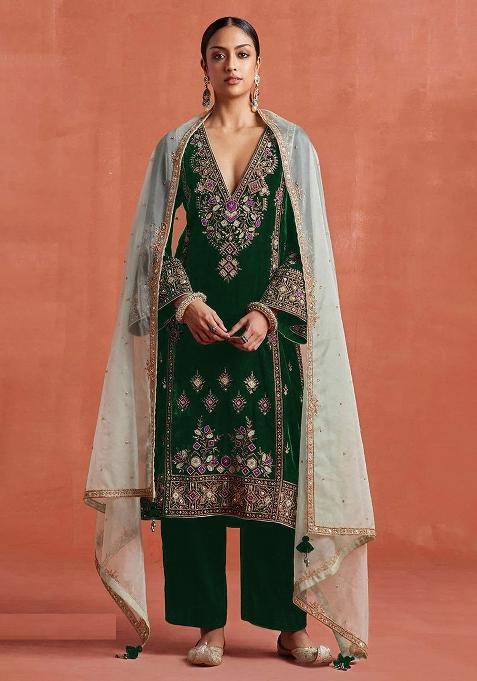 Green Embroidery Velvet Pakistani Suit Set