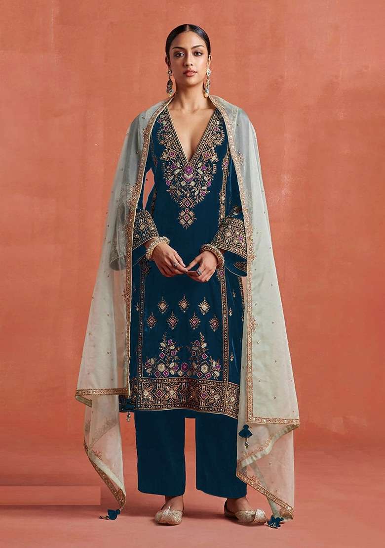 Aqua Blue Embroidery Velvet Pakistani Suit Set - Indya