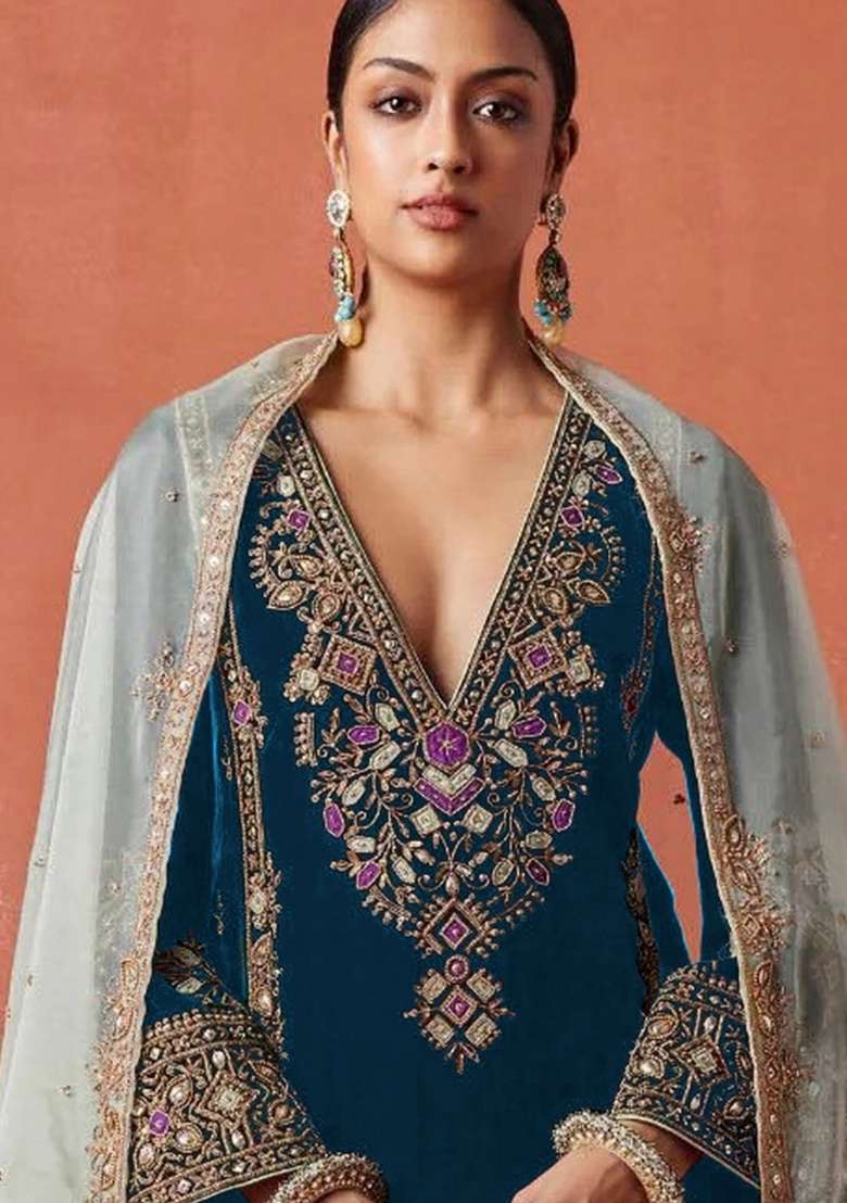 Aqua Blue Embroidery Velvet Pakistani Suit Set - Indya