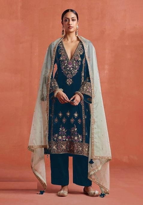 Aqua Blue Embroidery Velvet Pakistani Suit Set