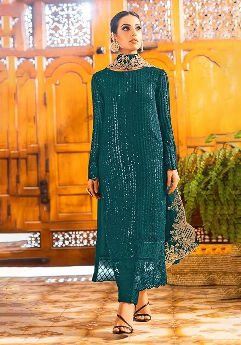 Teal Embroidery Georgette Pakistani Suit Set