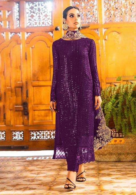 Purple Embroidery Georgette Pakistani Suit Set