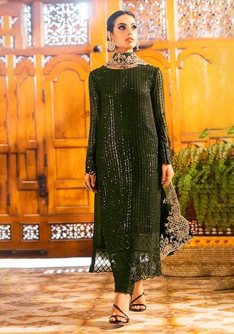 Green Embroidery Georgette Pakistani Suit Set