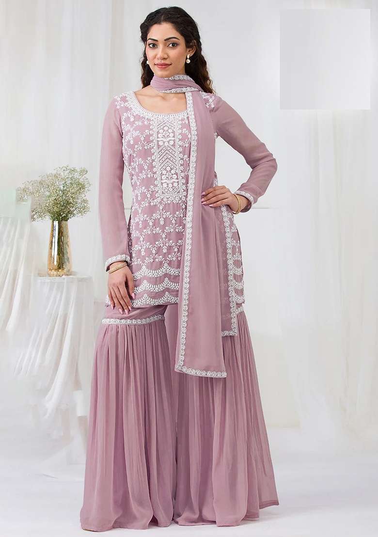 Pink Embroidery Georgette Pakistani Suit Set - Indya