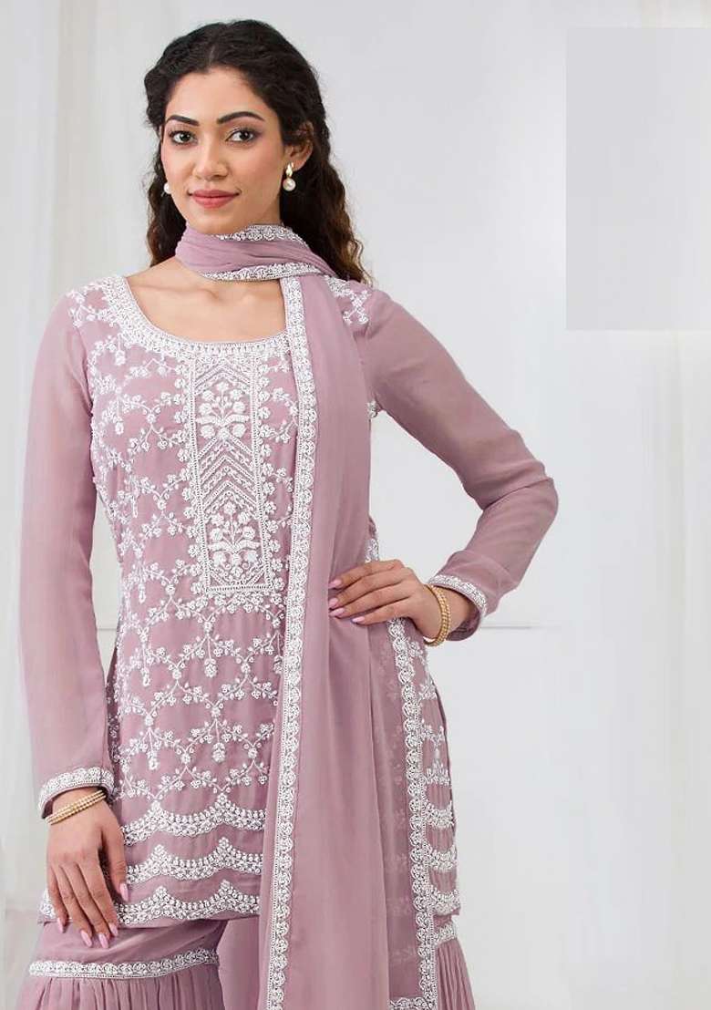 Pink Embroidery Georgette Pakistani Suit Set - Indya