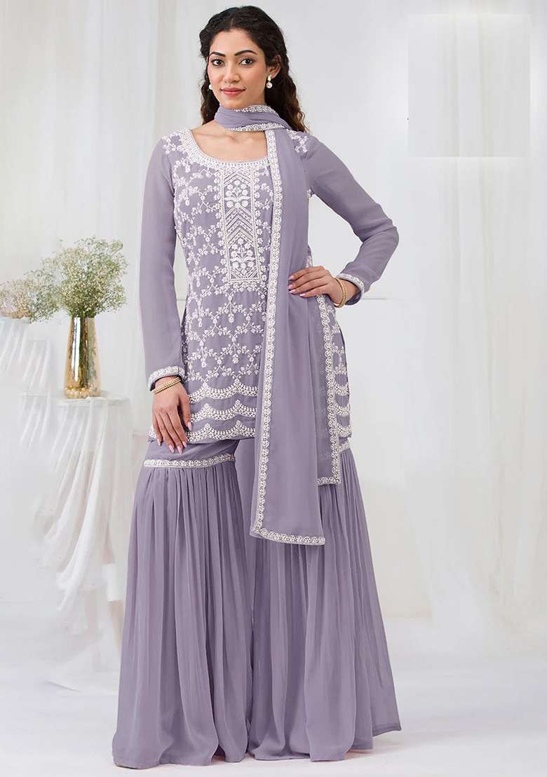 Purple Embroidery Georgette Pakistani Suit Set - Indya