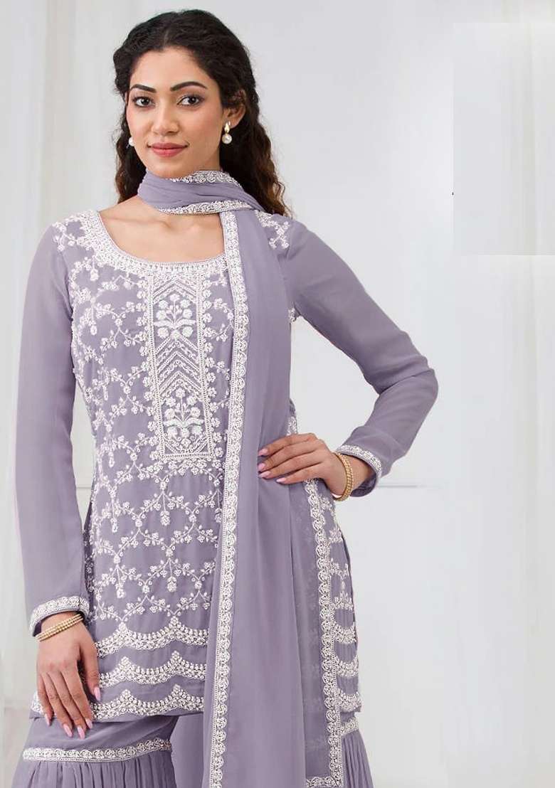 Purple Embroidery Georgette Pakistani Suit Set - Indya