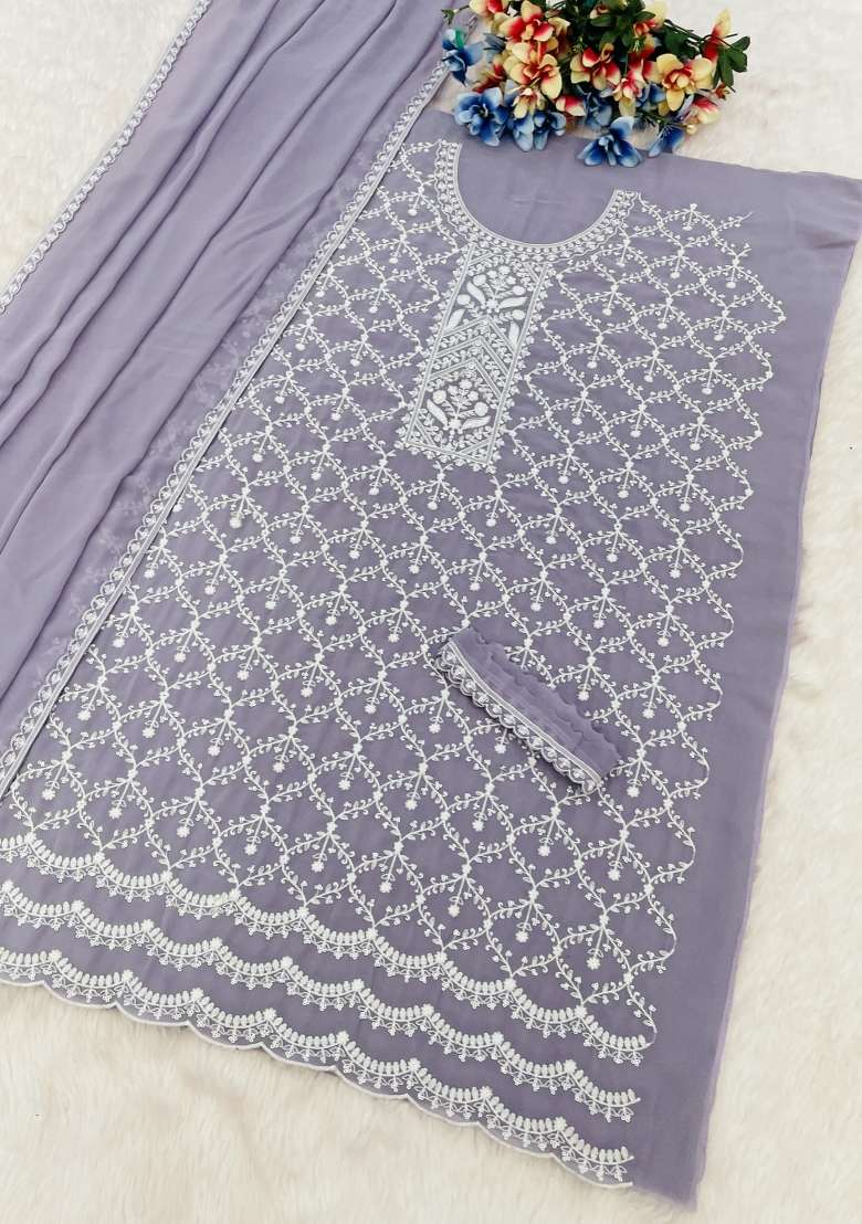Purple Embroidery Georgette Pakistani Suit Set - Indya