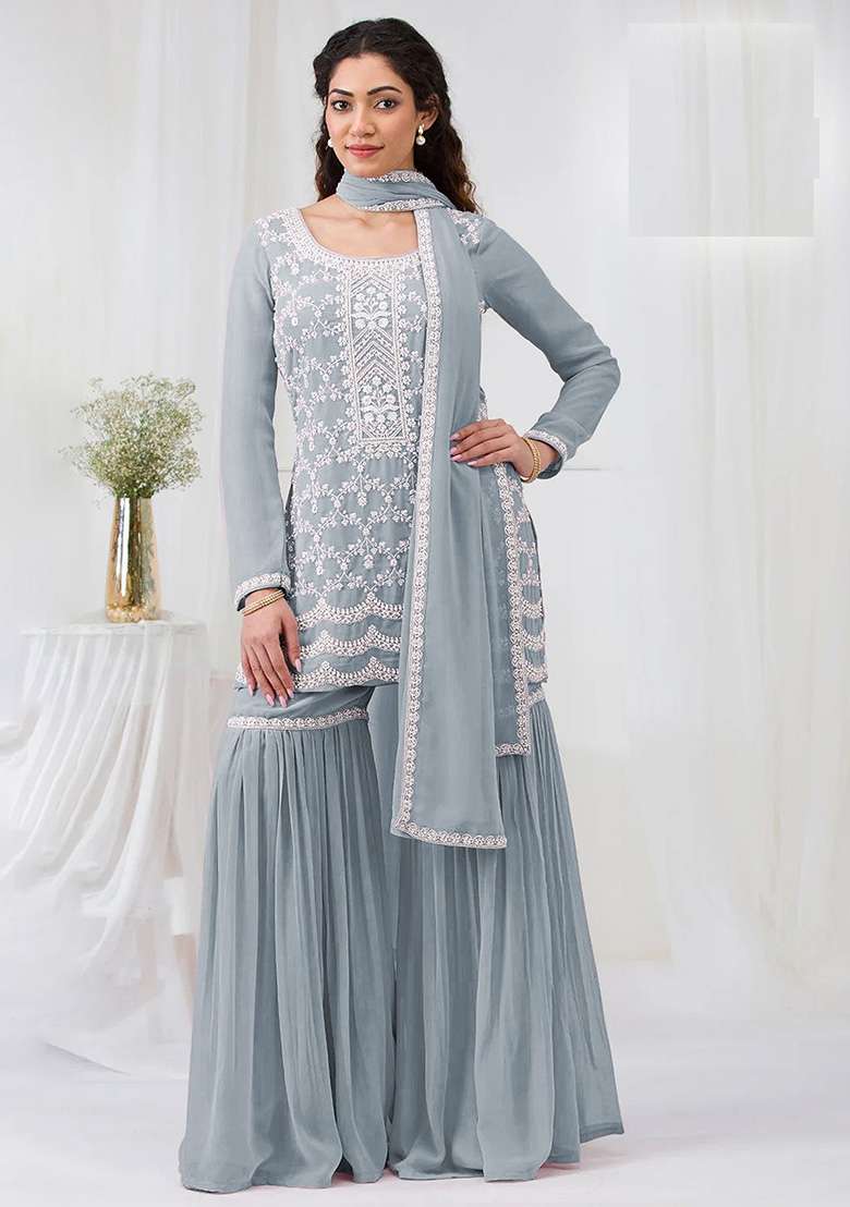 Grey Embroidery Georgette Pakistani Suit Set - Indya