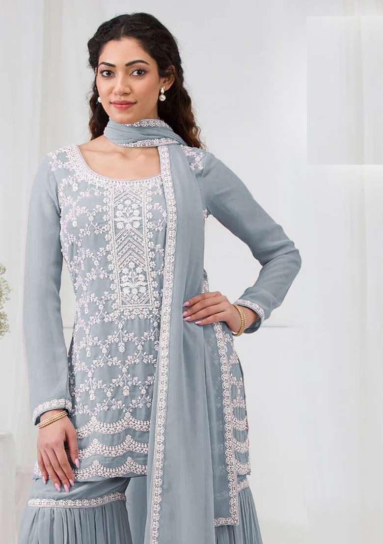 Grey Embroidery Georgette Pakistani Suit Set - Indya