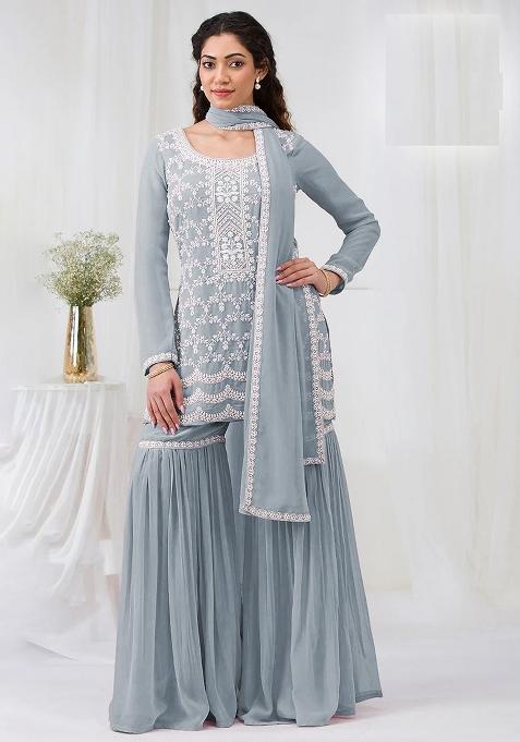 Grey Embroidery Georgette Pakistani Suit Set