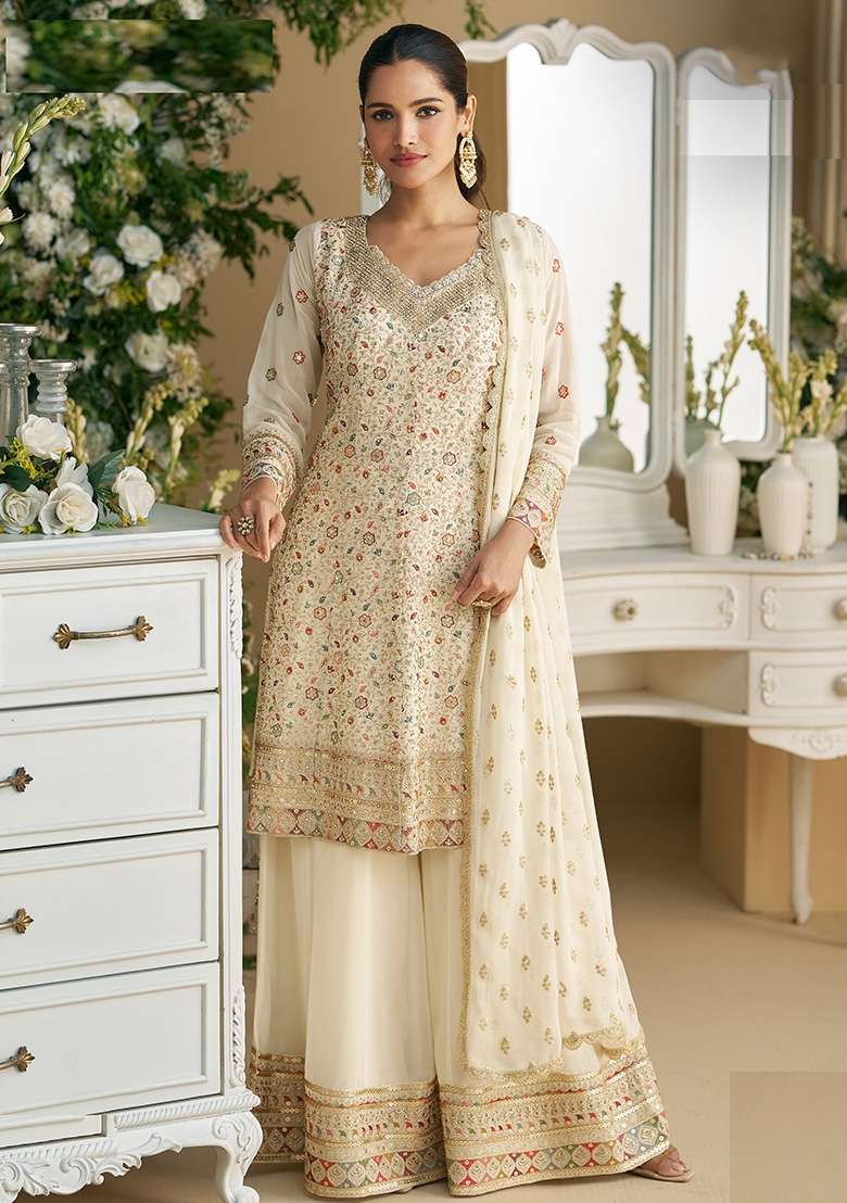 Cream Embroidery Georgette Pakistani Suit Set - Indya
