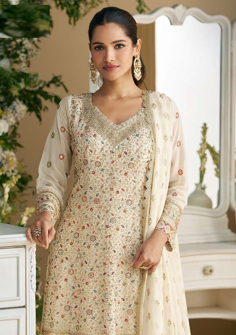 Cream Embroidery Georgette Pakistani Suit Set - Indya