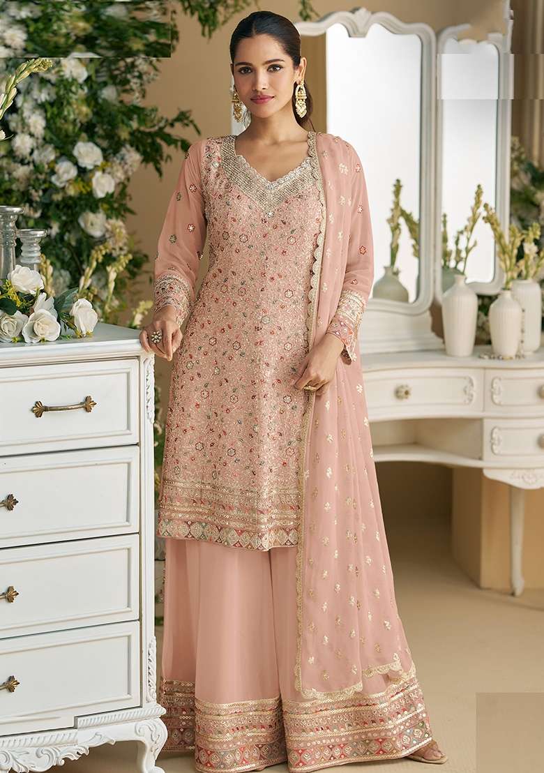 Peach Embroidery Georgette Pakistani Suit Set - Indya
