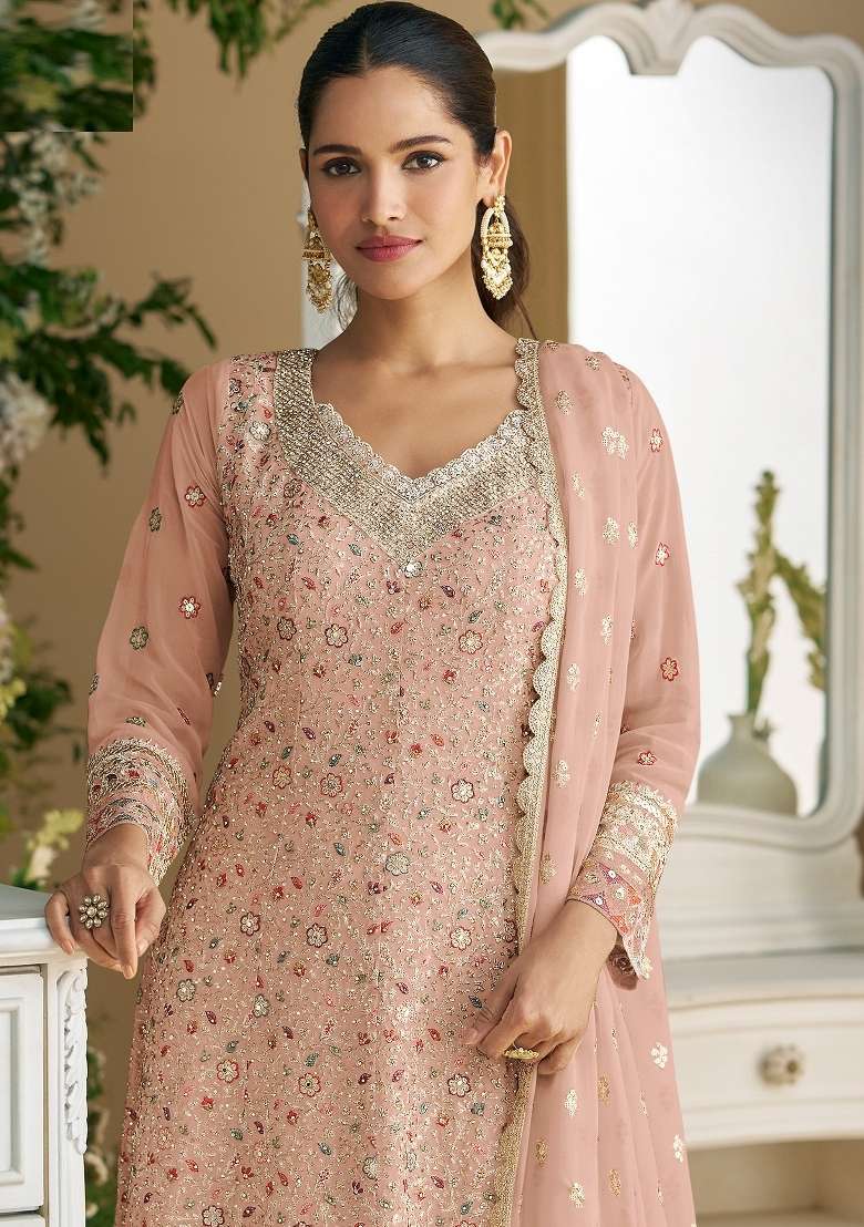 Peach Embroidery Georgette Pakistani Suit Set - Indya