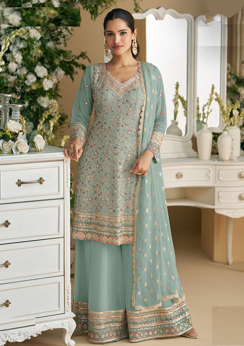 Sky Blue Embroidery Georgette Pakistani Suit Set - Indya