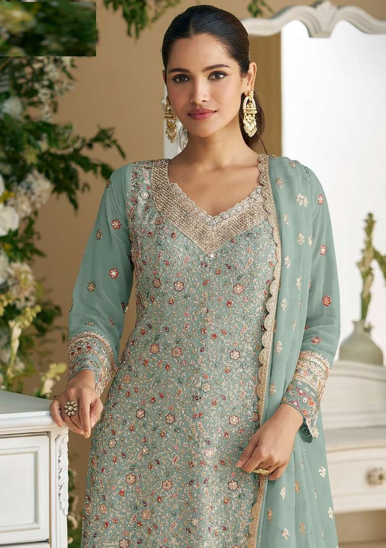 Sky Blue Embroidery Georgette Pakistani Suit Set - Indya