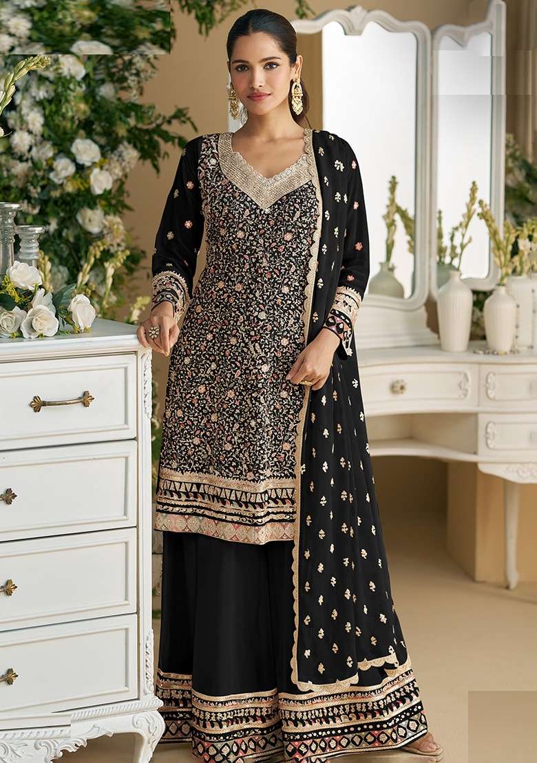 Black Embroidery Georgette Pakistani Suit Set - Indya