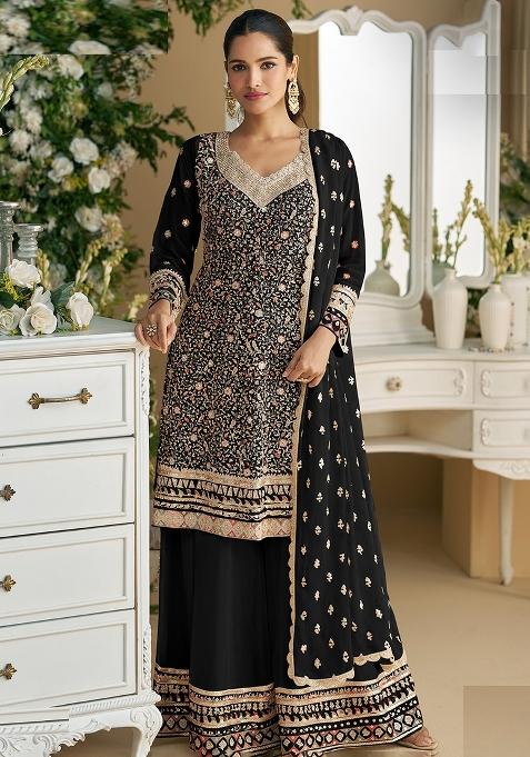 Black Embroidery Georgette Pakistani Suit Set