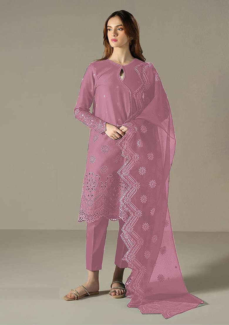 Pink Embroidery Cotton Pakistani Suit Set - Indya