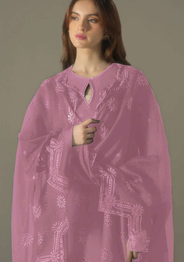 Pink Embroidery Cotton Pakistani Suit Set - Indya