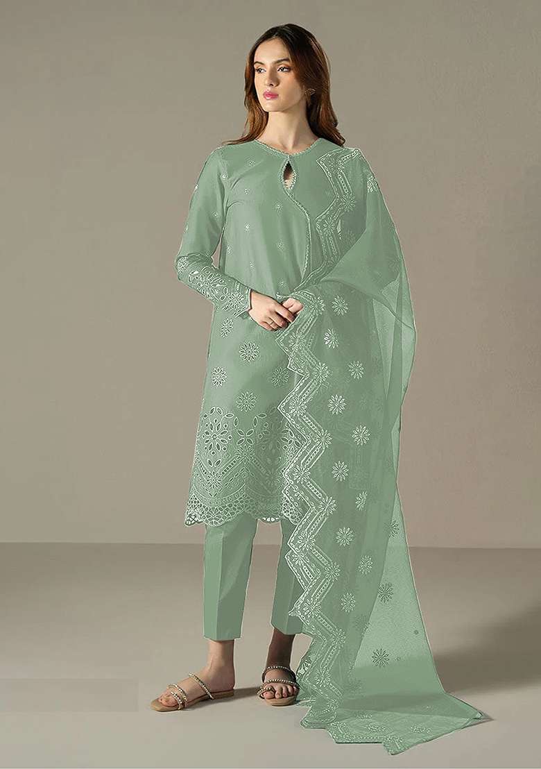 Green Embroidery Cotton Pakistani Suit Set - Indya