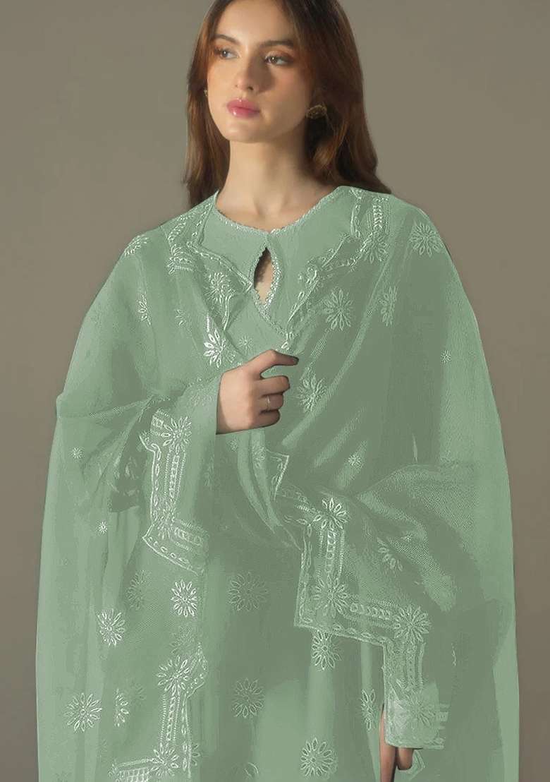 Green Embroidery Cotton Pakistani Suit Set - Indya