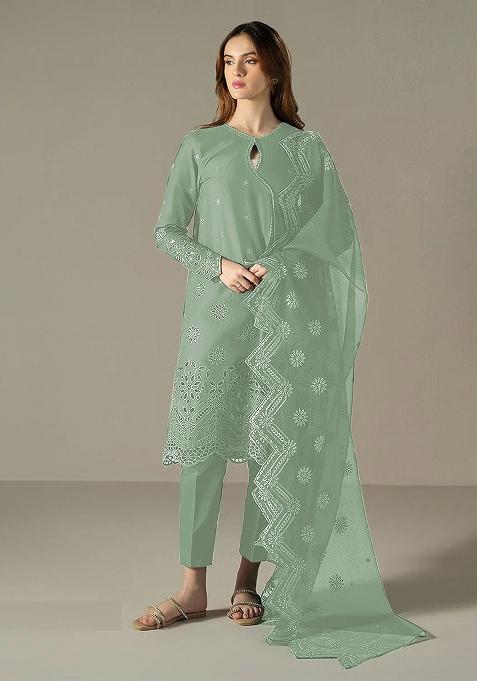 Green Embroidery Cotton Pakistani Suit Set