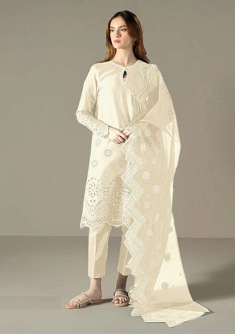 White Embroidery Cotton Pakistani Suit Set - Indya