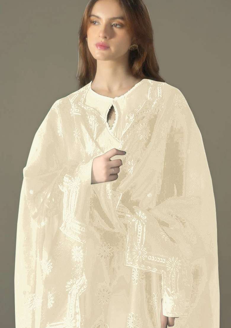 White Embroidery Cotton Pakistani Suit Set - Indya