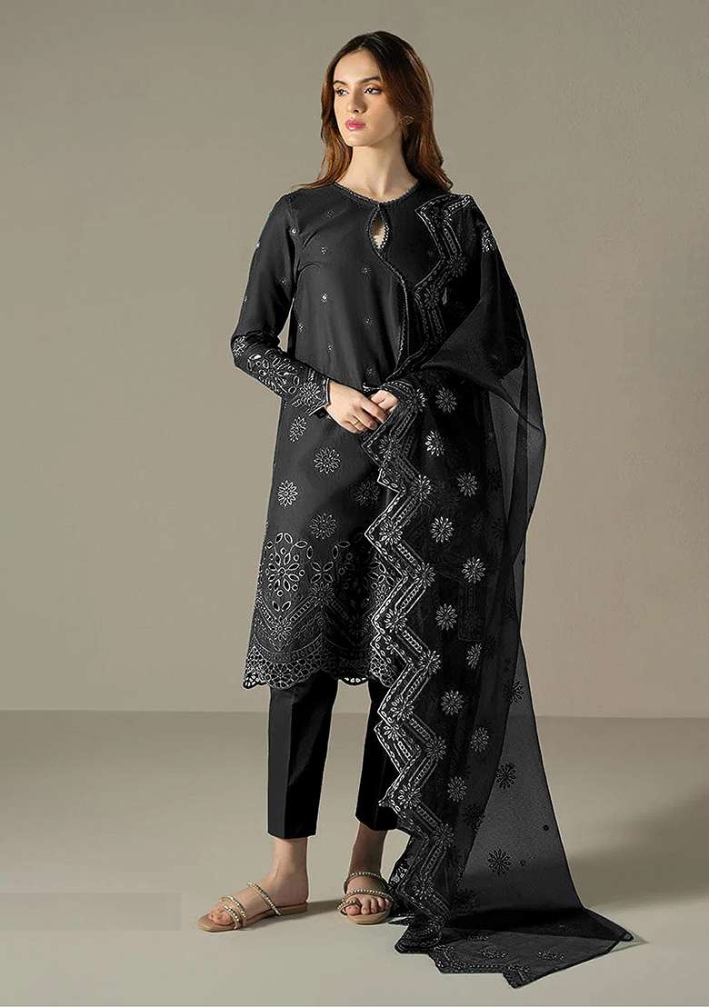 Black Embroidery Cotton Pakistani Suit Set - Indya