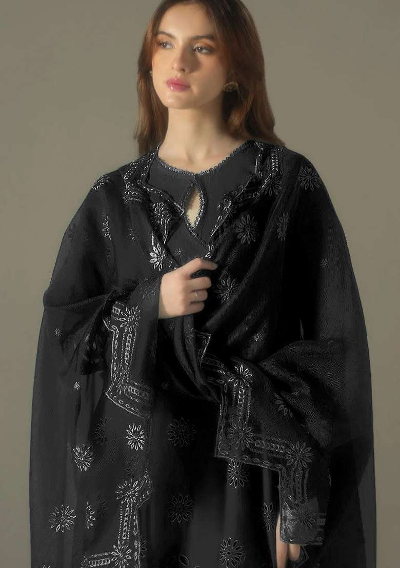 Black Embroidery Cotton Pakistani Suit Set - Indya