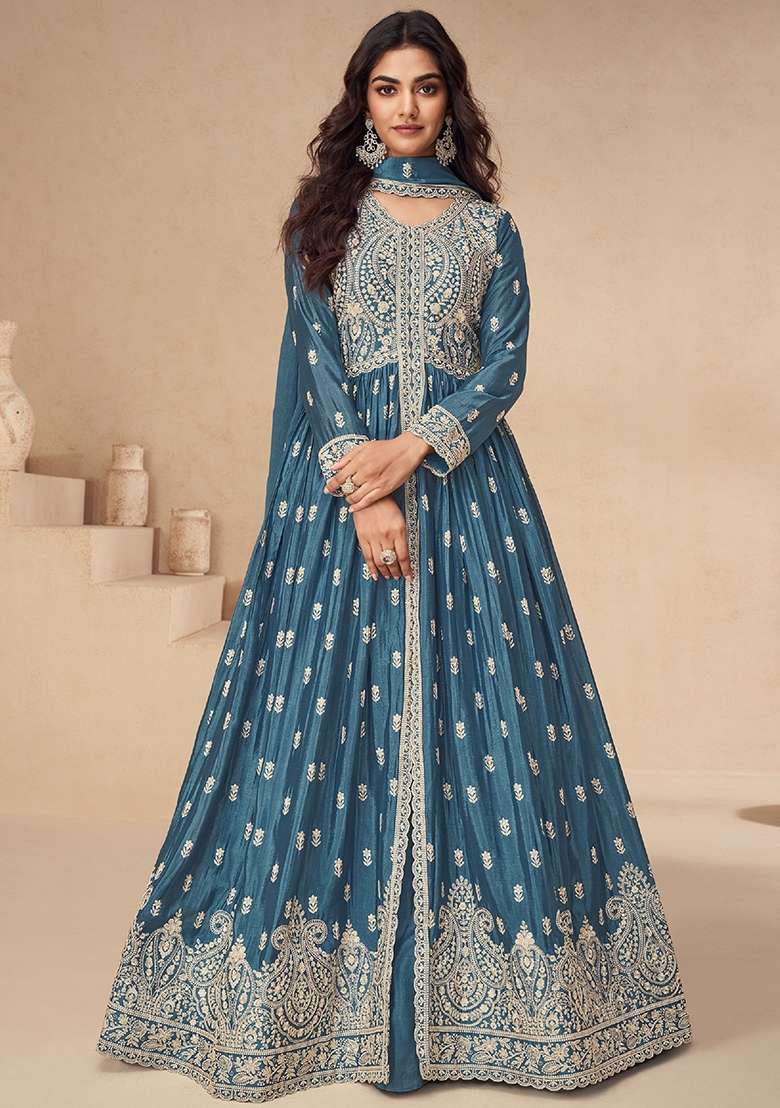 Blue Embroidery Chinon Pakistani Suit Set - Indya