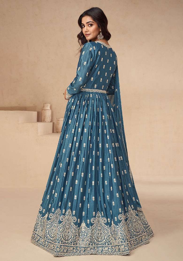 Blue Embroidery Chinon Pakistani Suit Set - Indya