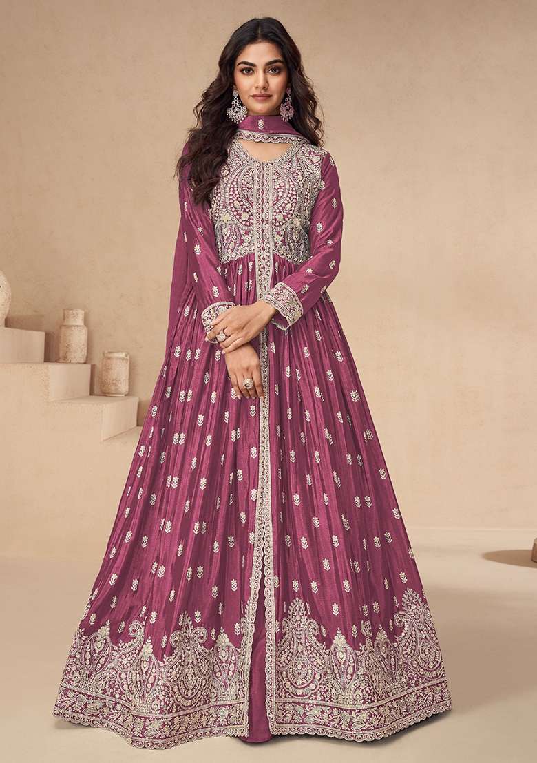 Pink Embroidery Chinon Pakistani Suit Set - Indya
