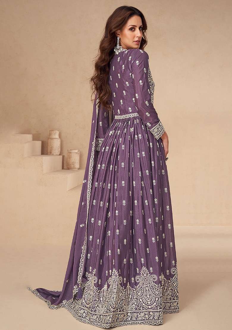 Purple Embroidery Chinon Pakistani Suit Set - Indya