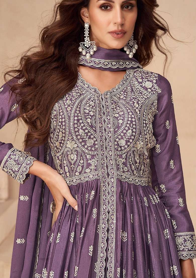 Purple Embroidery Chinon Pakistani Suit Set - Indya