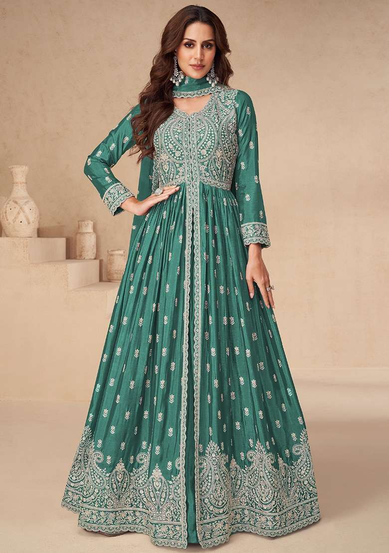 Green Embroidery Chinon Pakistani Suit Set - Indya