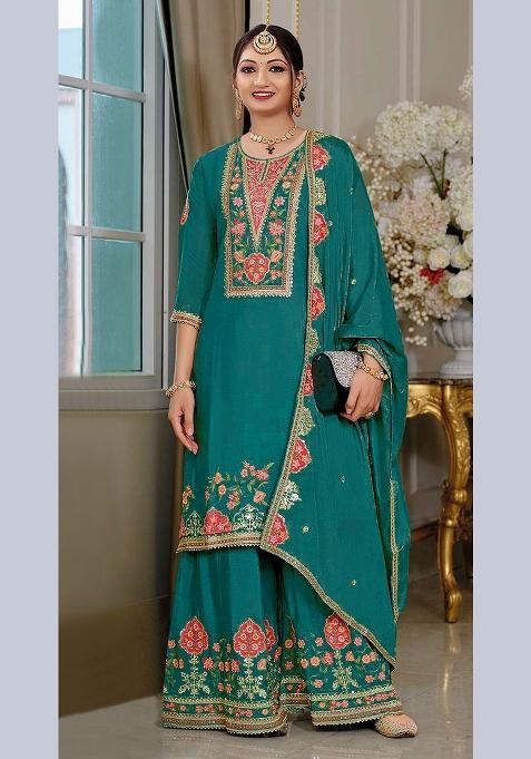 Teal Embroidery Chinon Pakistani Suit Set